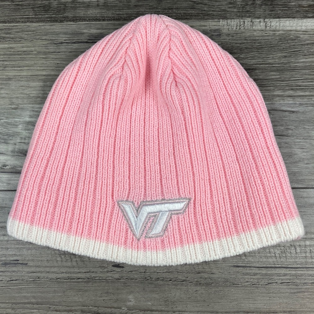Twins Enterprise Virginia Tech Hokies Pink Ribbed Knit Beanie Hat VT Logo Womens